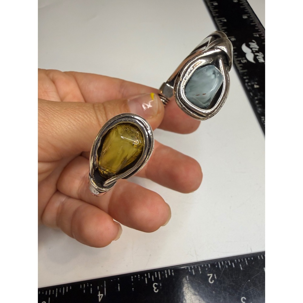 Artisan Sterling Silver Mixed Stone Bypass Cuff Bracelet Amber Blue Cabochon
